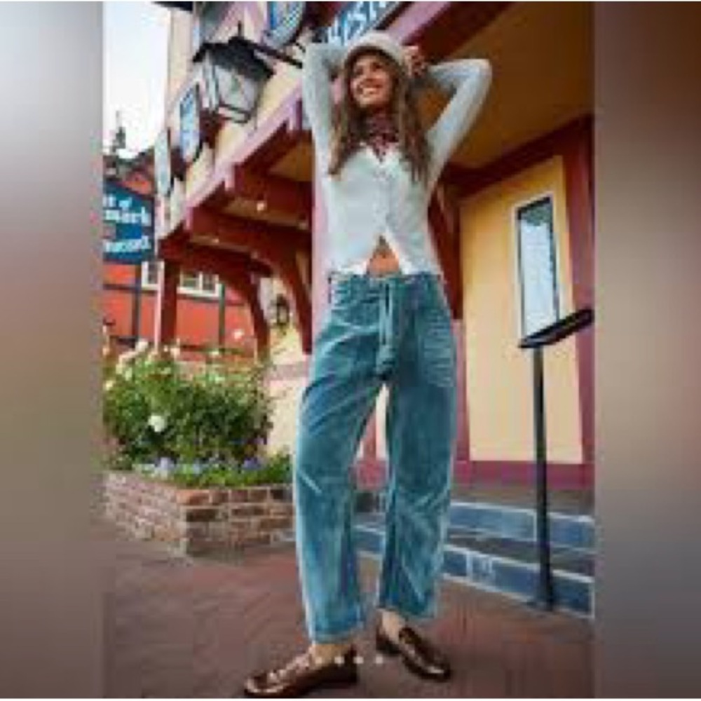 We The Free People Flocked Moxie Pull On Barrel Jeans in Mountain Green